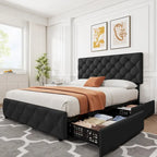 Linen Upholstered Platform Bed Frame with Adjustable Headboard