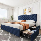 Linen Upholstered Platform Bed Frame with Adjustable Headboard