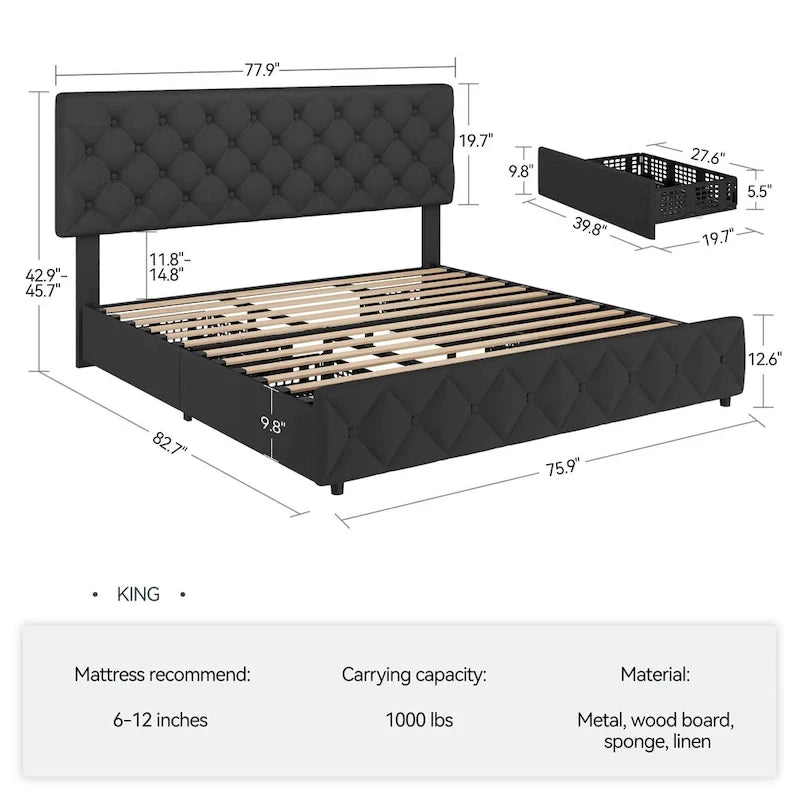 Linen Upholstered Platform Bed Frame with Adjustable Headboard