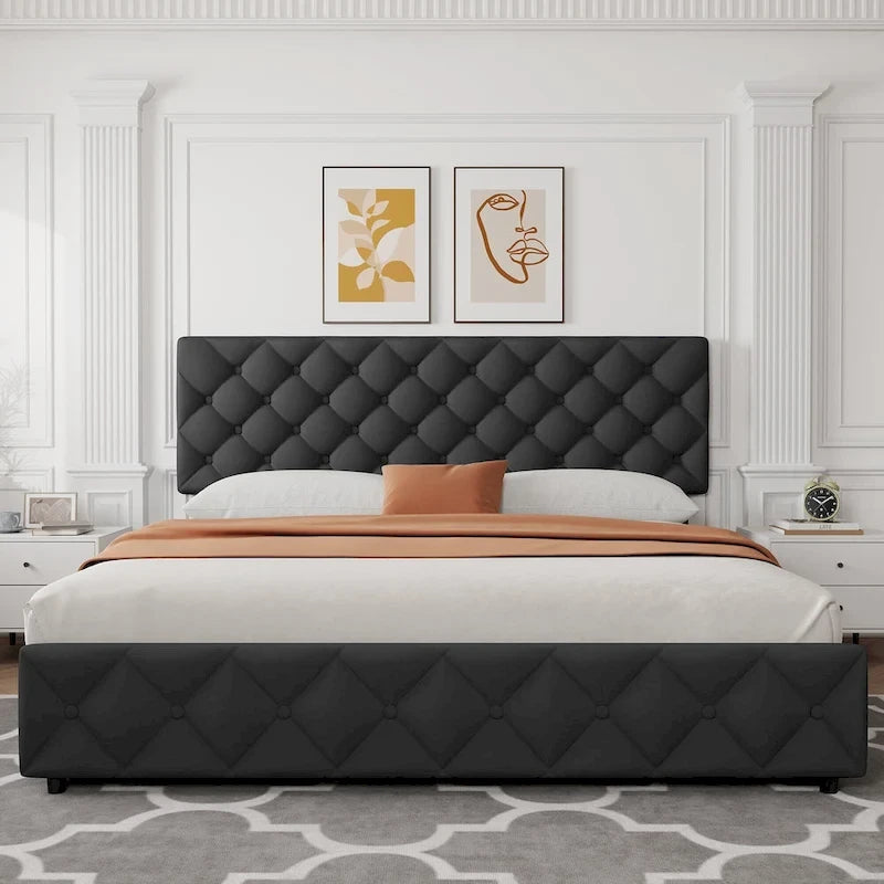 Linen Upholstered Platform Bed Frame with Adjustable Headboard