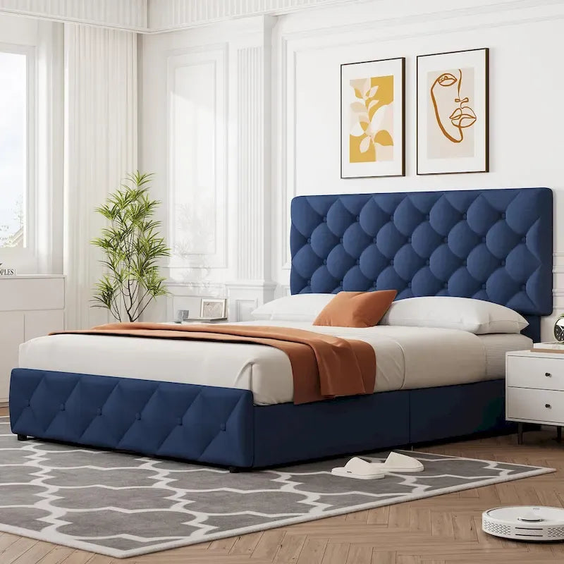 Linen Upholstered Platform Bed Frame with Adjustable Headboard