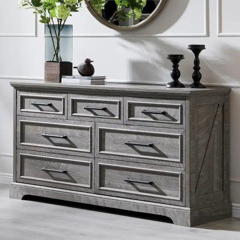 Farmhouse 7 Drawer Dresser for Bedroom, Chest of Drawers, TV Stand