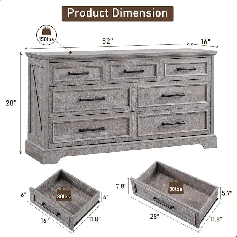 Farmhouse 7 Drawer Dresser for Bedroom, Chest of Drawers, TV Stand