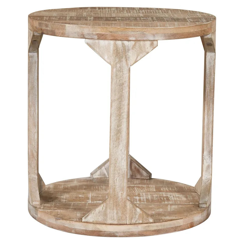 Two Tier Handmade Round End Table - 22 - Beige