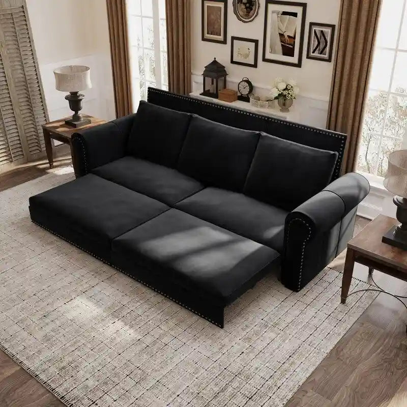 3-in-1 Chesterfield Sofa Bed, King Pull Out Sofa Bed, Velvet/Faux Leather Convertible Sleeper Sofa w/ Nailhead Trim & Rolled Arm