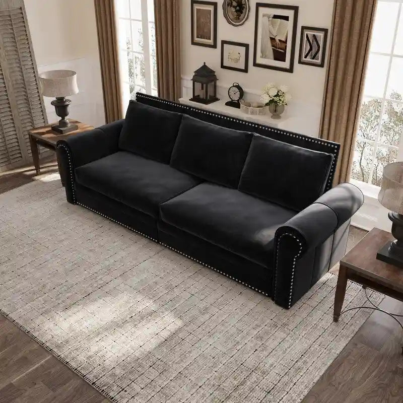 3-in-1 Chesterfield Sofa Bed, King Pull Out Sofa Bed, Velvet/Faux Leather Convertible Sleeper Sofa w/ Nailhead Trim & Rolled Arm