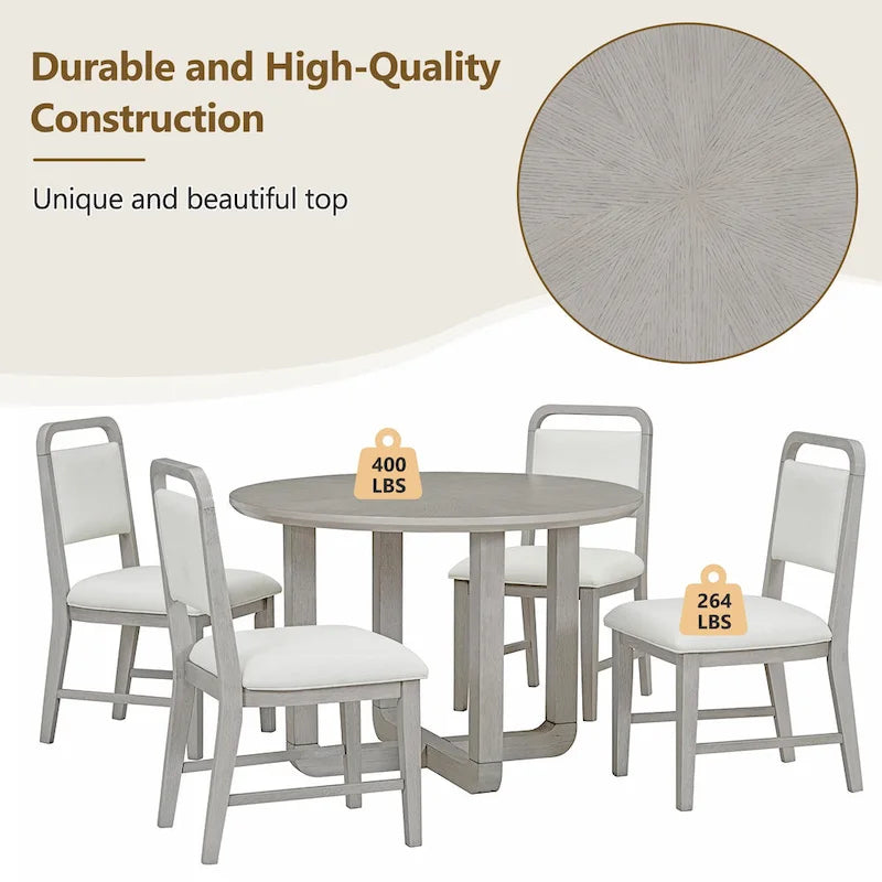 5 Piece Dining Table and Chair Set, Wooden Kitchen Dining Table Set with Round Dining Table and 4 Upholstered Chairs
