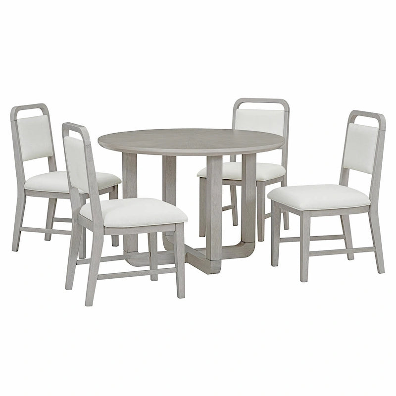 5 Piece Dining Table and Chair Set, Wooden Kitchen Dining Table Set with Round Dining Table and 4 Upholstered Chairs