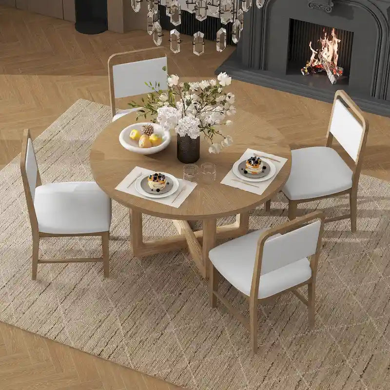 5 Piece Dining Table and Chair Set, Wooden Kitchen Dining Table Set with Round Dining Table and 4 Upholstered Chairs