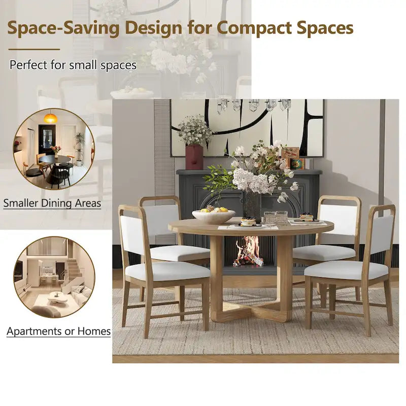 5 Piece Dining Table and Chair Set, Wooden Kitchen Dining Table Set with Round Dining Table and 4 Upholstered Chairs