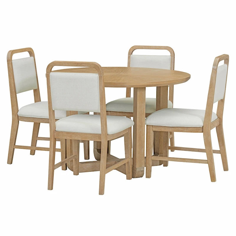 5 Piece Dining Table and Chair Set, Wooden Kitchen Dining Table Set with Round Dining Table and 4 Upholstered Chairs