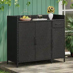 Wicker Outdoor Storage Cabinet Weather-proof Kitchen Island Rattan Bar Table with Tempered Glass Desktop and Drawer Pool Toys