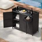Wicker Outdoor Storage Cabinet Weather-proof Kitchen Island Rattan Bar Table with Tempered Glass Desktop and Drawer Pool Toys