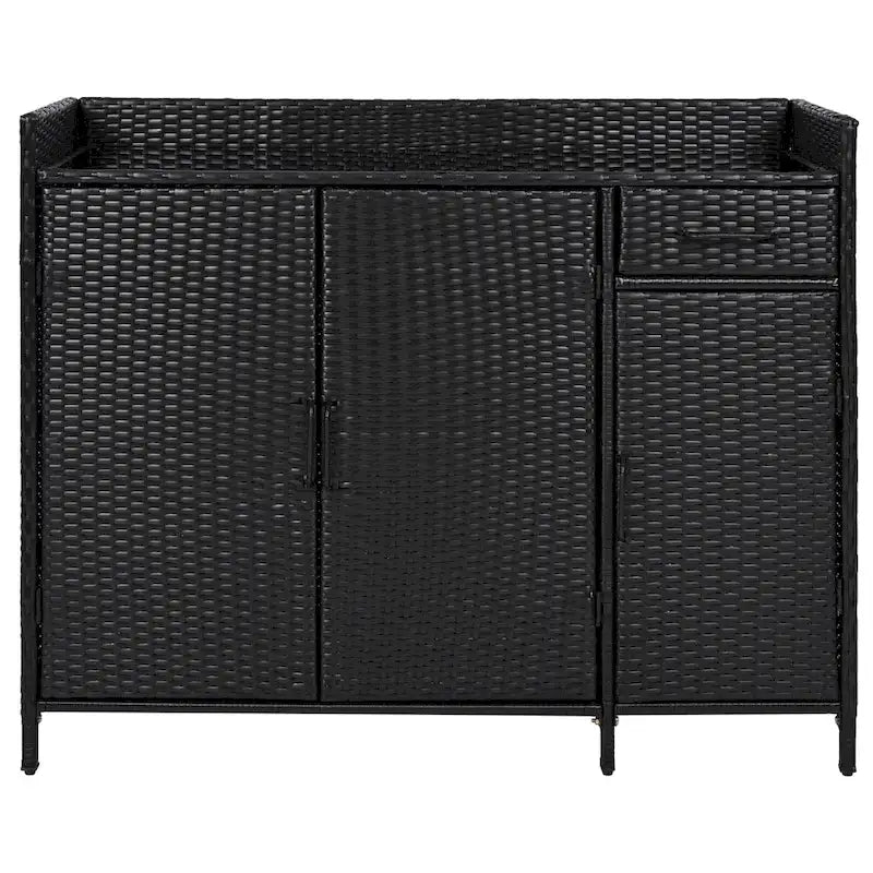 Wicker Outdoor Storage Cabinet Weather-proof Kitchen Island Rattan Bar Table with Tempered Glass Desktop and Drawer Pool Toys