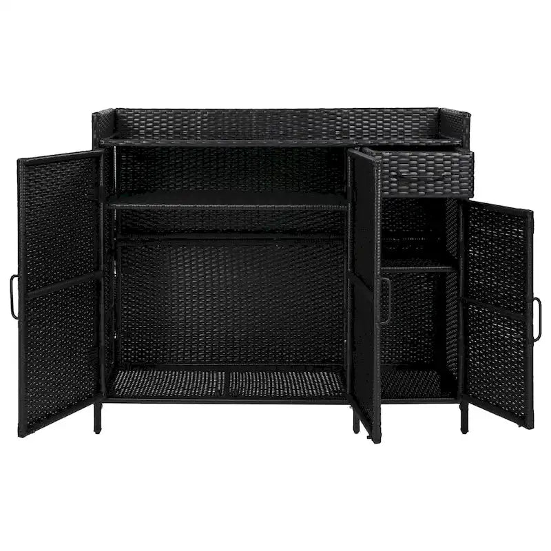 Wicker Outdoor Storage Cabinet Weather-proof Kitchen Island Rattan Bar Table with Tempered Glass Desktop and Drawer Pool Toys