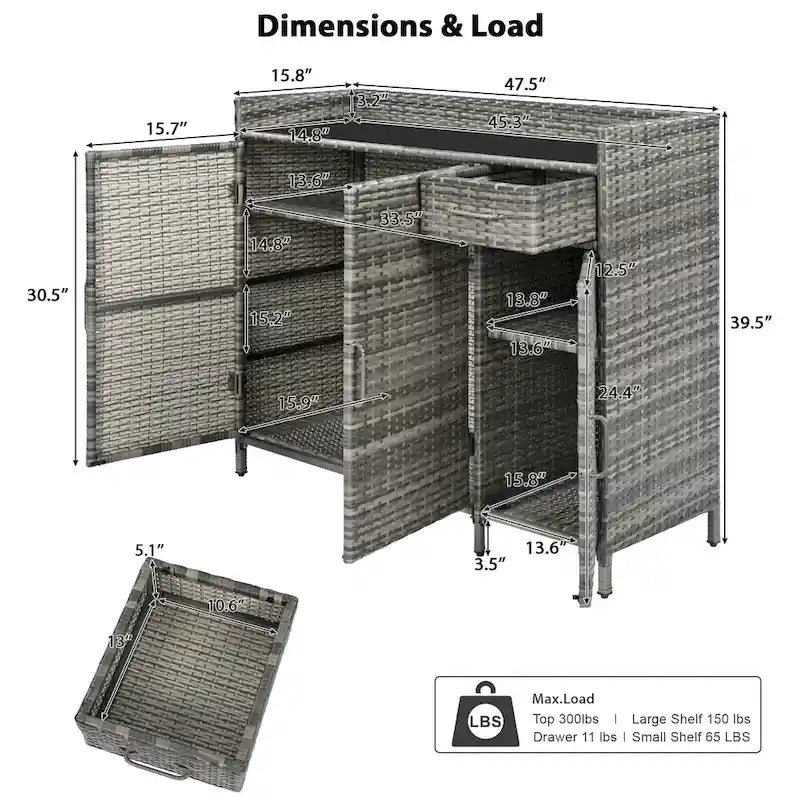 Wicker Outdoor Storage Cabinet Weather-proof Kitchen Island Rattan Bar Table with Tempered Glass Desktop and Drawer Pool Toys