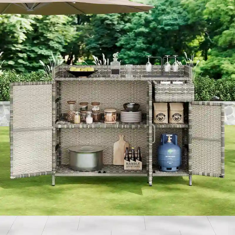 Wicker Outdoor Storage Cabinet Weather-proof Kitchen Island Rattan Bar Table with Tempered Glass Desktop and Drawer Pool Toys