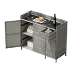 Wicker Outdoor Storage Cabinet Weather-proof Kitchen Island Rattan Bar Table with Tempered Glass Desktop and Drawer Pool Toys