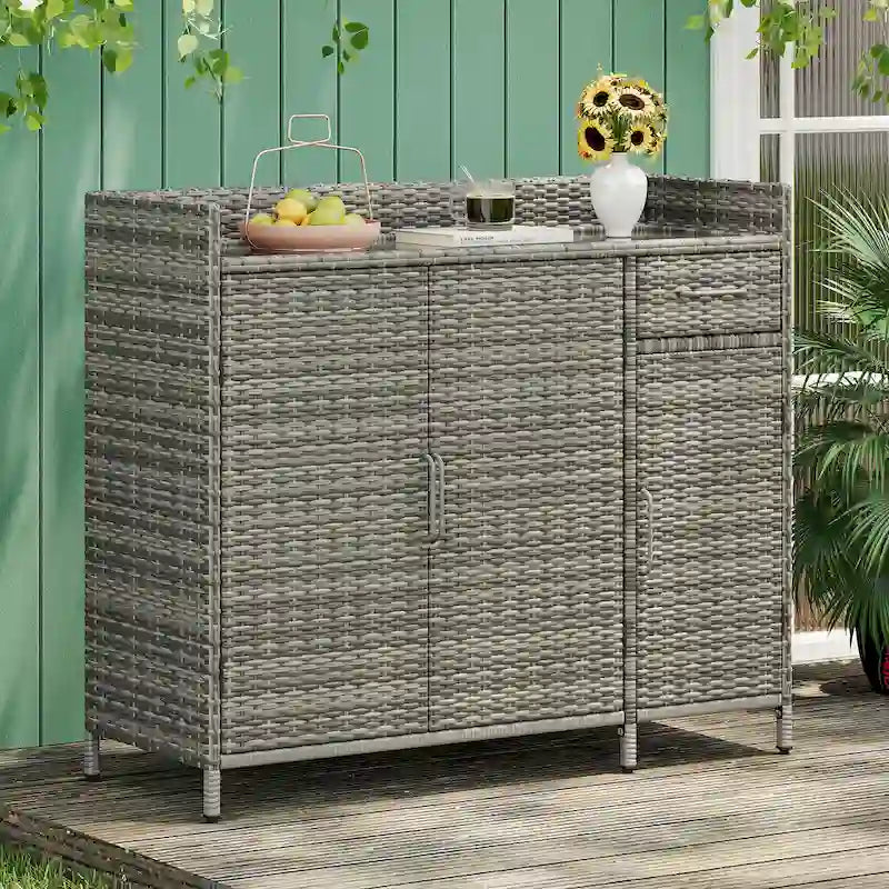 Wicker Outdoor Storage Cabinet Weather-proof Kitchen Island Rattan Bar Table with Tempered Glass Desktop and Drawer Pool Toys