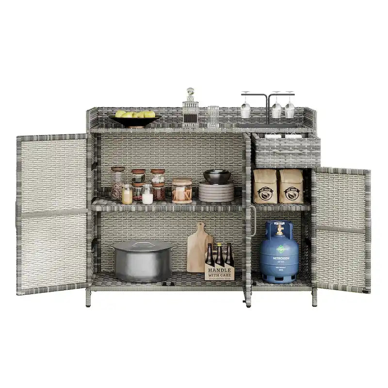 Wicker Outdoor Storage Cabinet Weather-proof Kitchen Island Rattan Bar Table with Tempered Glass Desktop and Drawer Pool Toys