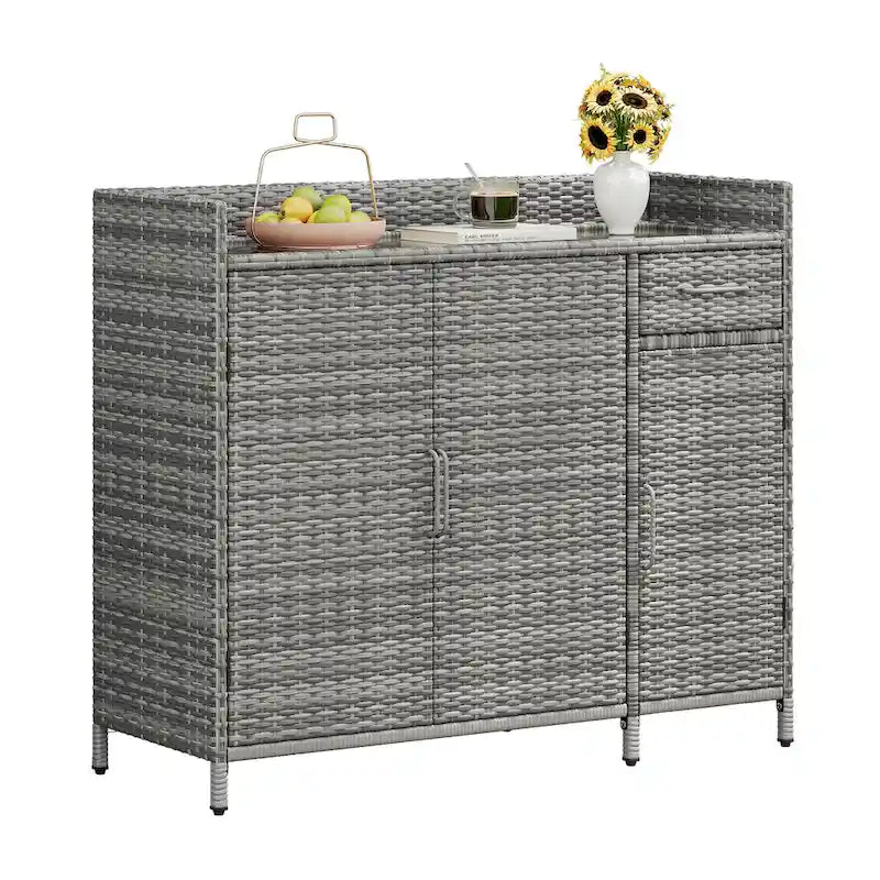Wicker Outdoor Storage Cabinet Weather-proof Kitchen Island Rattan Bar Table with Tempered Glass Desktop and Drawer Pool Toys