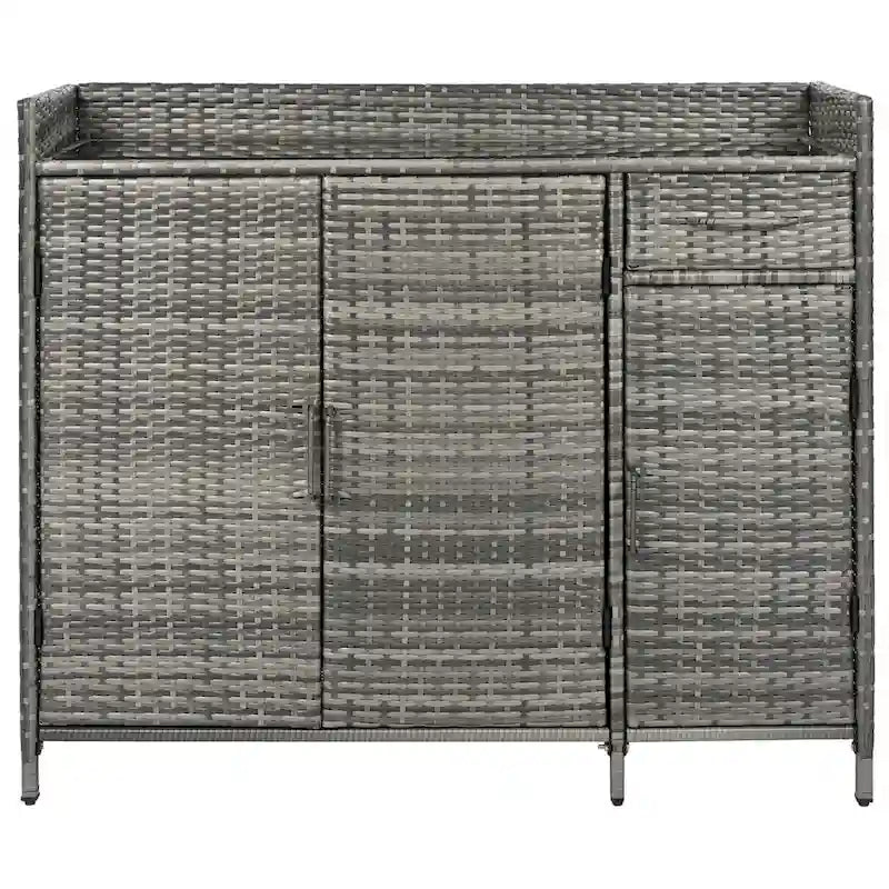 Wicker Outdoor Storage Cabinet Weather-proof Kitchen Island Rattan Bar Table with Tempered Glass Desktop and Drawer Pool Toys