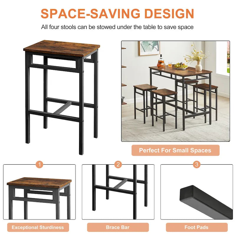 Counter Height Dining Table Set with 4 Bar Stools Metal Frame Vintage Wooden Tabletop Rectangular Dining Table, 5-Piece