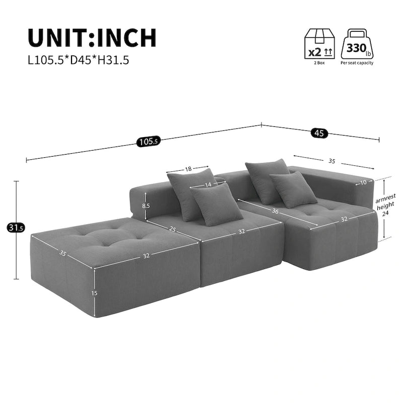 L Shaped Modular Cloud Sofa, Sectional Corduroy Couch