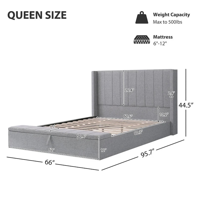 Queen Size Platform Bed with Vertical Channel Wingback Headboard - Upholstered Bed with Footboard Storage, Grey Linen Fabric Bed