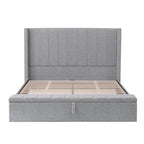 Queen Size Platform Bed with Vertical Channel Wingback Headboard - Upholstered Bed with Footboard Storage, Grey Linen Fabric Bed