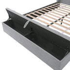 Queen Size Platform Bed with Vertical Channel Wingback Headboard - Upholstered Bed with Footboard Storage, Grey Linen Fabric Bed