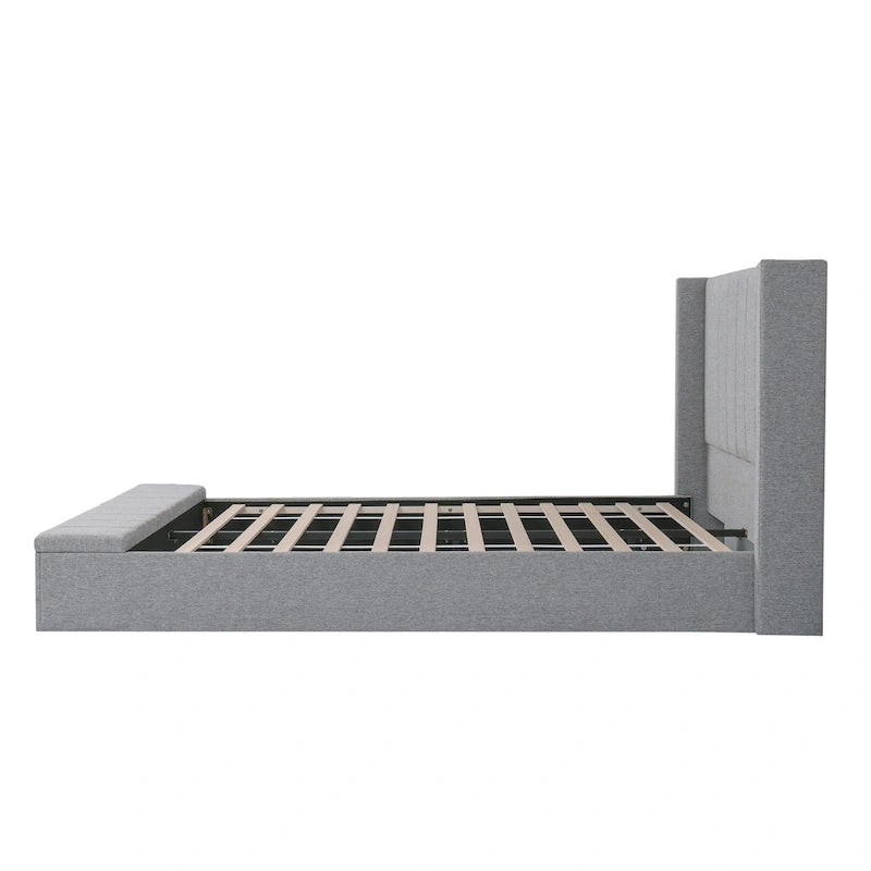 Queen Size Platform Bed with Vertical Channel Wingback Headboard - Upholstered Bed with Footboard Storage, Grey Linen Fabric Bed