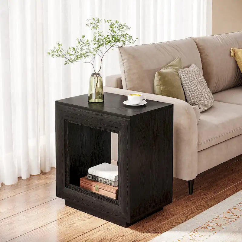 Wood End Table with Storage, Walnut Nightstands for Living Room, Bedroom