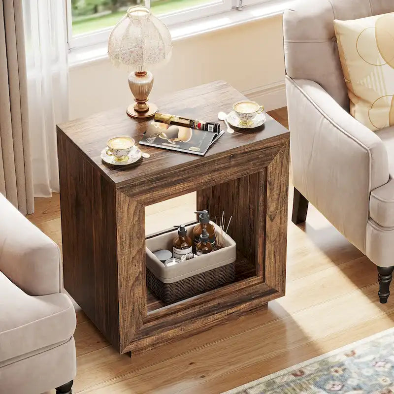 Wood End Table with Storage, Walnut Nightstands for Living Room, Bedroom