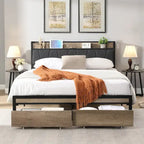Full Size Metal Platform Bed with Drawers and Storage Headboard