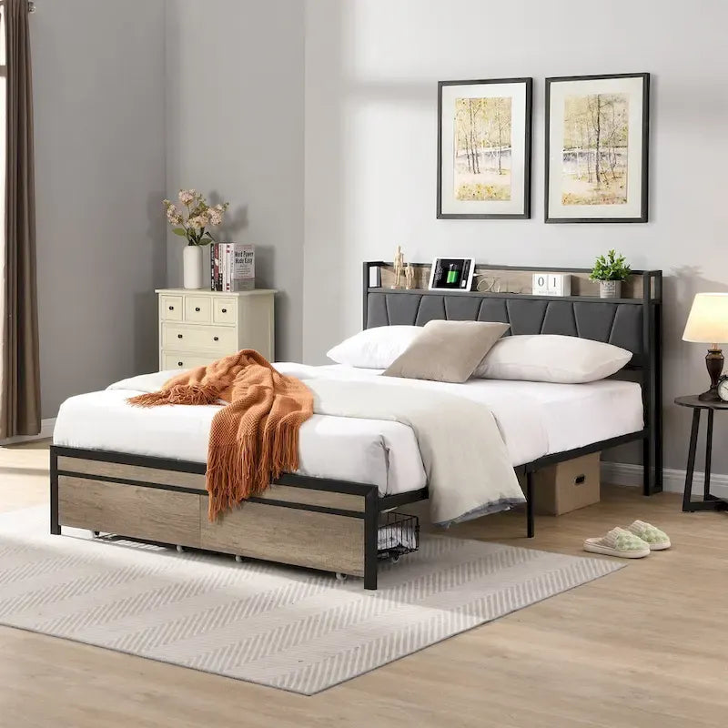 Full Size Metal Platform Bed with Drawers and Storage Headboard