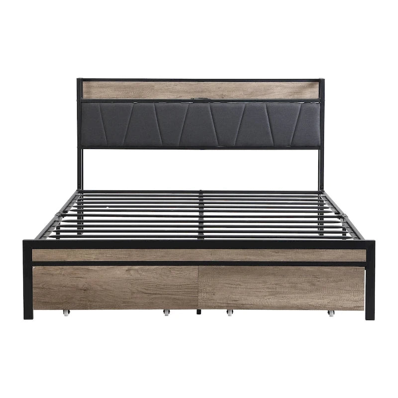 Full Size Metal Platform Bed with Drawers and Storage Headboard
