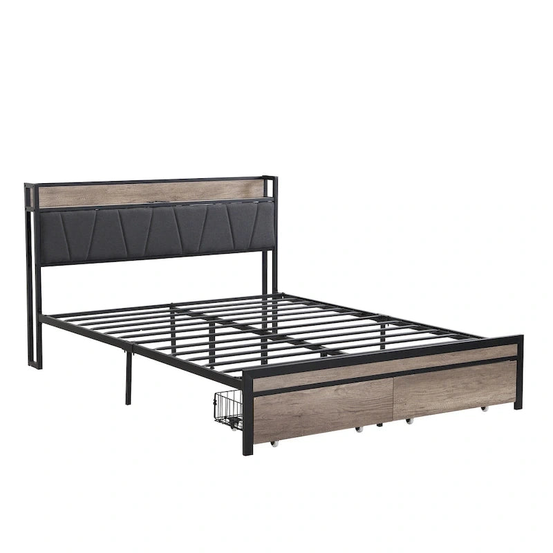 Full Size Metal Platform Bed with Drawers and Storage Headboard