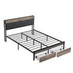 Full Size Metal Platform Bed with Drawers and Storage Headboard