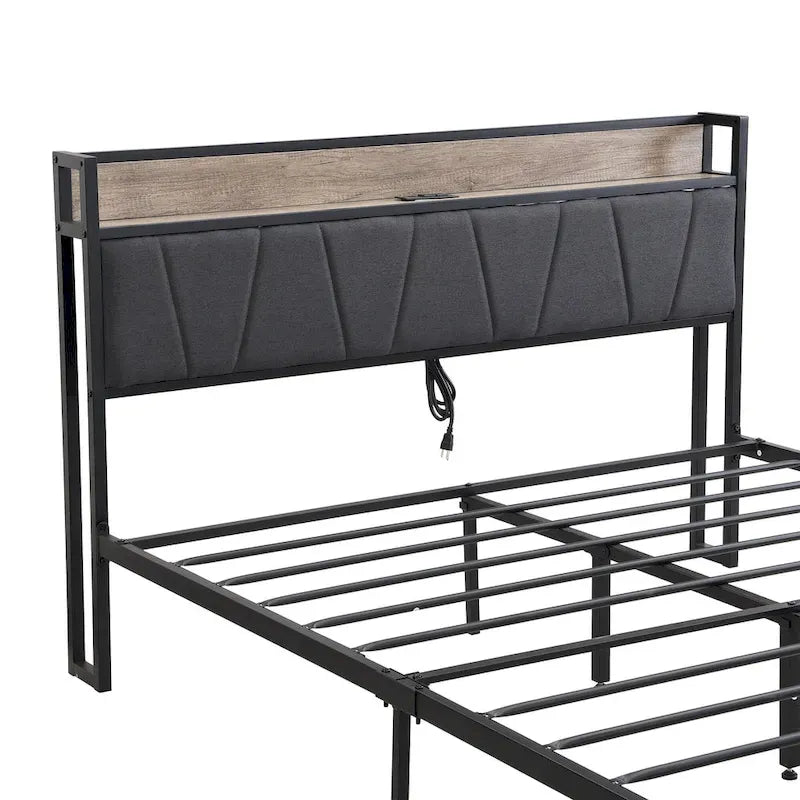 Full Size Metal Platform Bed with Drawers and Storage Headboard