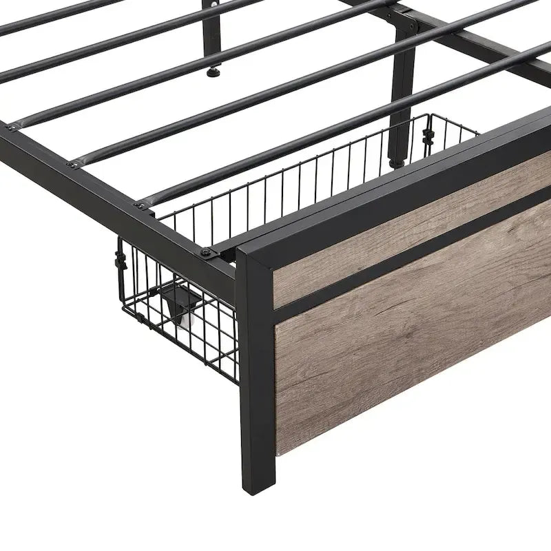 Full Size Metal Platform Bed with Drawers and Storage Headboard
