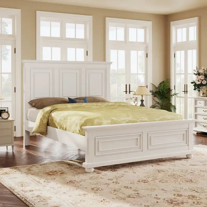 White King Size Traditional Pinewood Bed with Wooden Slats Support