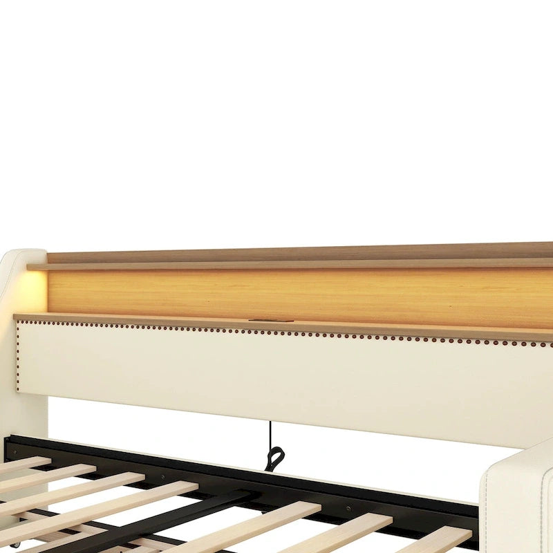 White Twin Size Upholstered Daybed with Trundle and LED