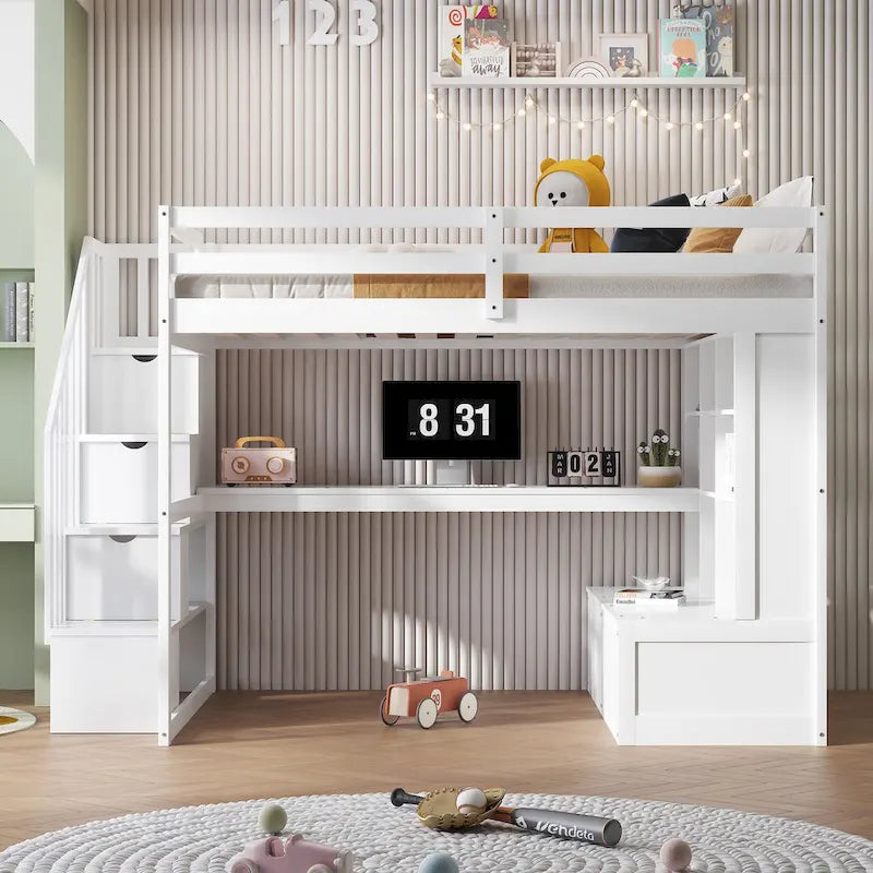 White Full Size Solid Wood Loft Bed with Desk, Shelves, and Storage Staircase