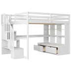 White Full Size Solid Wood Loft Bed with Desk, Shelves, and Storage Staircase