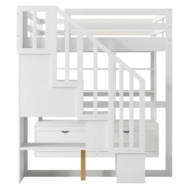 White Full Size Solid Wood Loft Bed with Desk, Shelves, and Storage Staircase