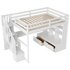 White Full Size Solid Wood Loft Bed with Desk, Shelves, and Storage Staircase