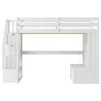 White Full Size Solid Wood Loft Bed with Desk, Shelves, and Storage Staircase