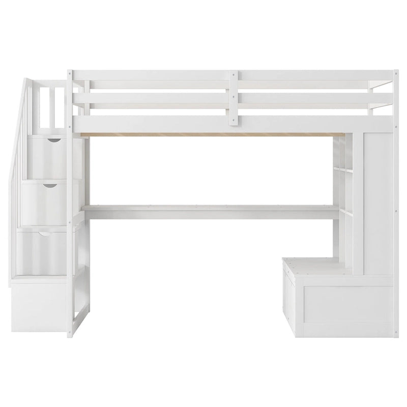 White Full Size Solid Wood Loft Bed with Desk, Shelves, and Storage Staircase