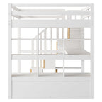 White Full Size Solid Wood Loft Bed with Desk, Shelves, and Storage Staircase